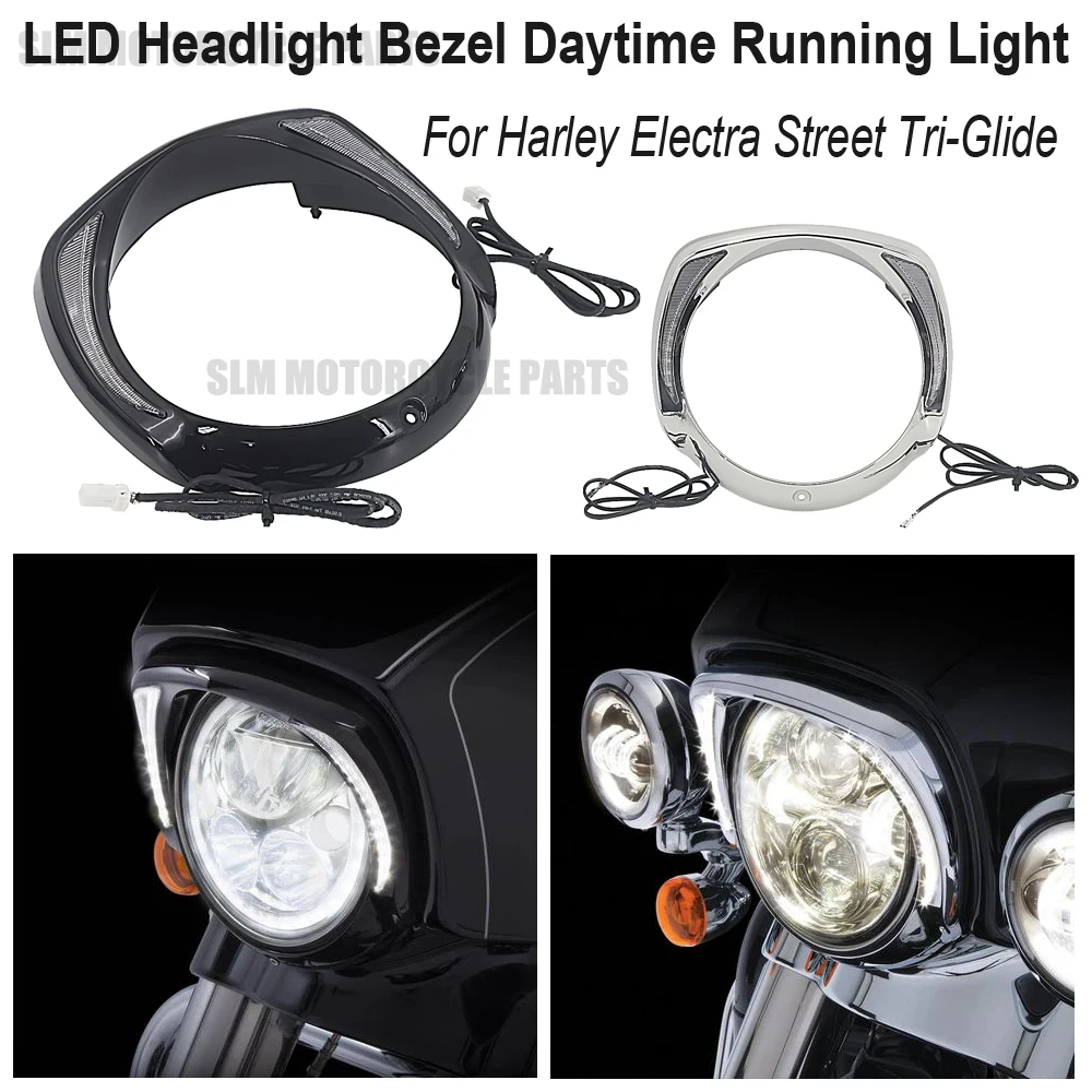 

Motorcycle Chrome & Black LED Headlight Bezel For Harley Touring Tri Road King Street Electra Glide Low FLHTCU Ultra Limited