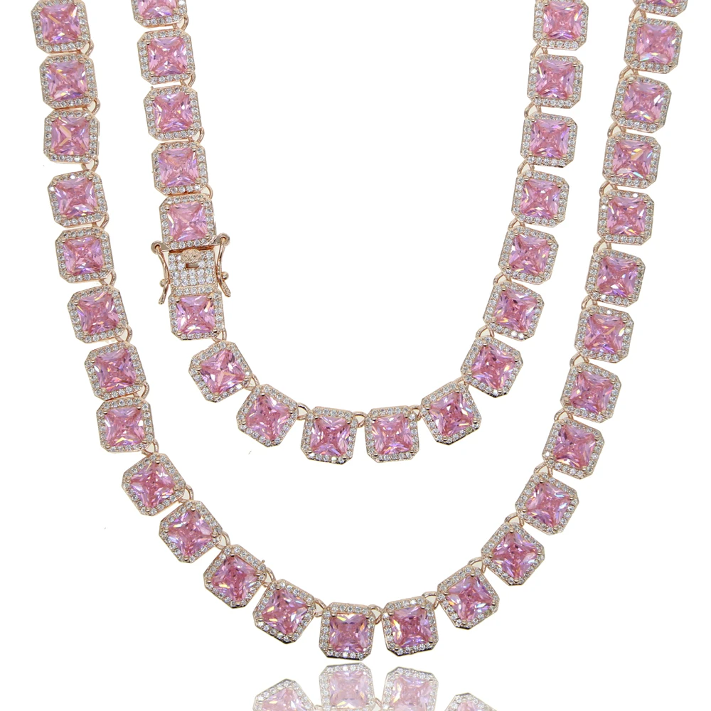 

2020 new arrived pink pinky girl women jewelry iced out bling rectangle cubic zirconia cz cluster pink tennis necklace