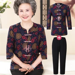 Summer Suit Middle-aged and Elderly Women's Suits Vintage Print T-Shirt Tops Casual Pants 2 Pcs Sets Grandma Summer Clothes 4XL