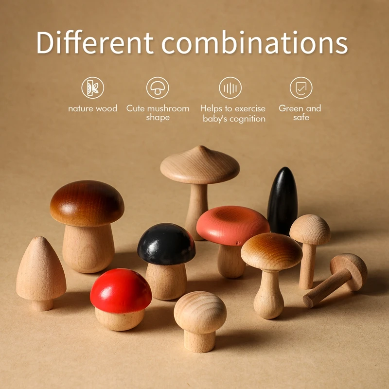 1Set Wood Mushroom Blocks for Children Montessori Educational Wooden Toys Safety Kitchen Utensils Toys Baby Grasp Matching Toy