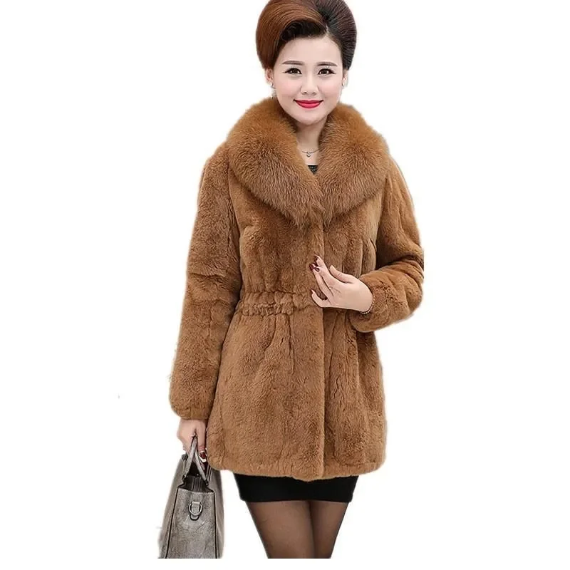 

2025 Middle-aged Elderly Fur Coat Winter Women Mid-length Mother's Imitation Mink Fur Fox Fur Collar Thick Jacket A673