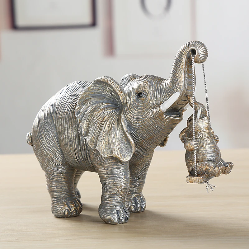 Funny Swing Elephant Miniature Polyresin Elephant Father Figurine Baby Ornament Home Embellishment Decor Craftworks Present