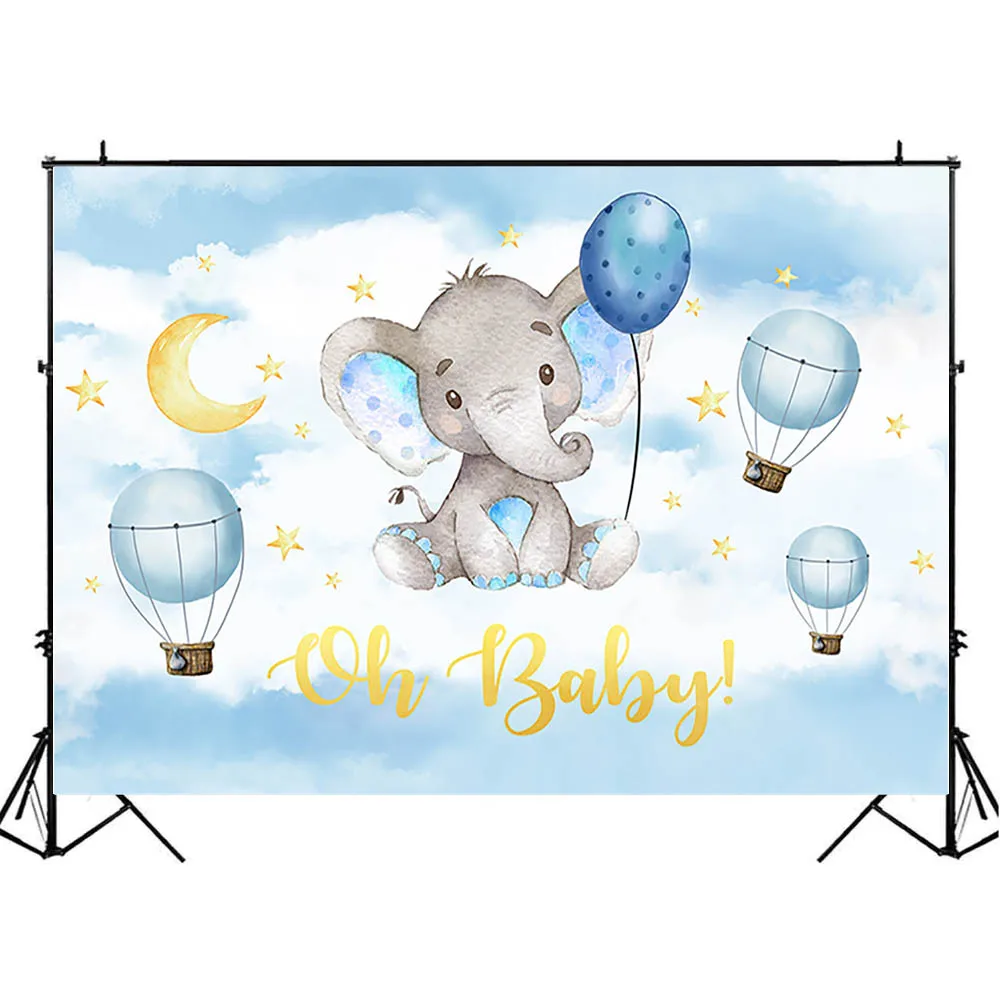 Mocsicka Oh Baby Neugeborenen Baby Dusche Hintergrund Elefanten Heißer Luft Ballon Gold Stern Foto Hintergrund Blauen Himmel Weißen Wolke Deco