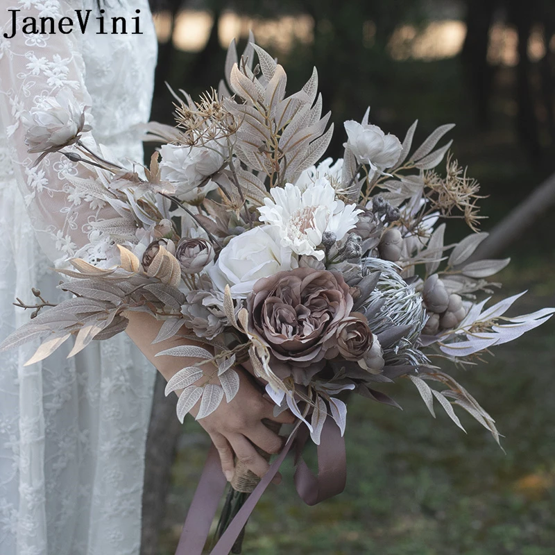 

JaneVini Vintage Autumn New 2021 Bridal Bouquets Flowers Handmade Eucalyptus Coffee Silk Roses Wedding Fake Bouquet Accessories