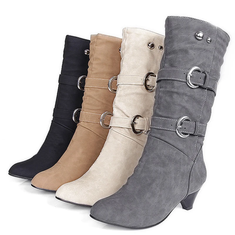Big Size 34-43 Autumn Winter PU Leather Buckle Chunky Heels Mid Calf Boots Hot Sale Round Toe Slip on Casual Women Shoe WSH3476