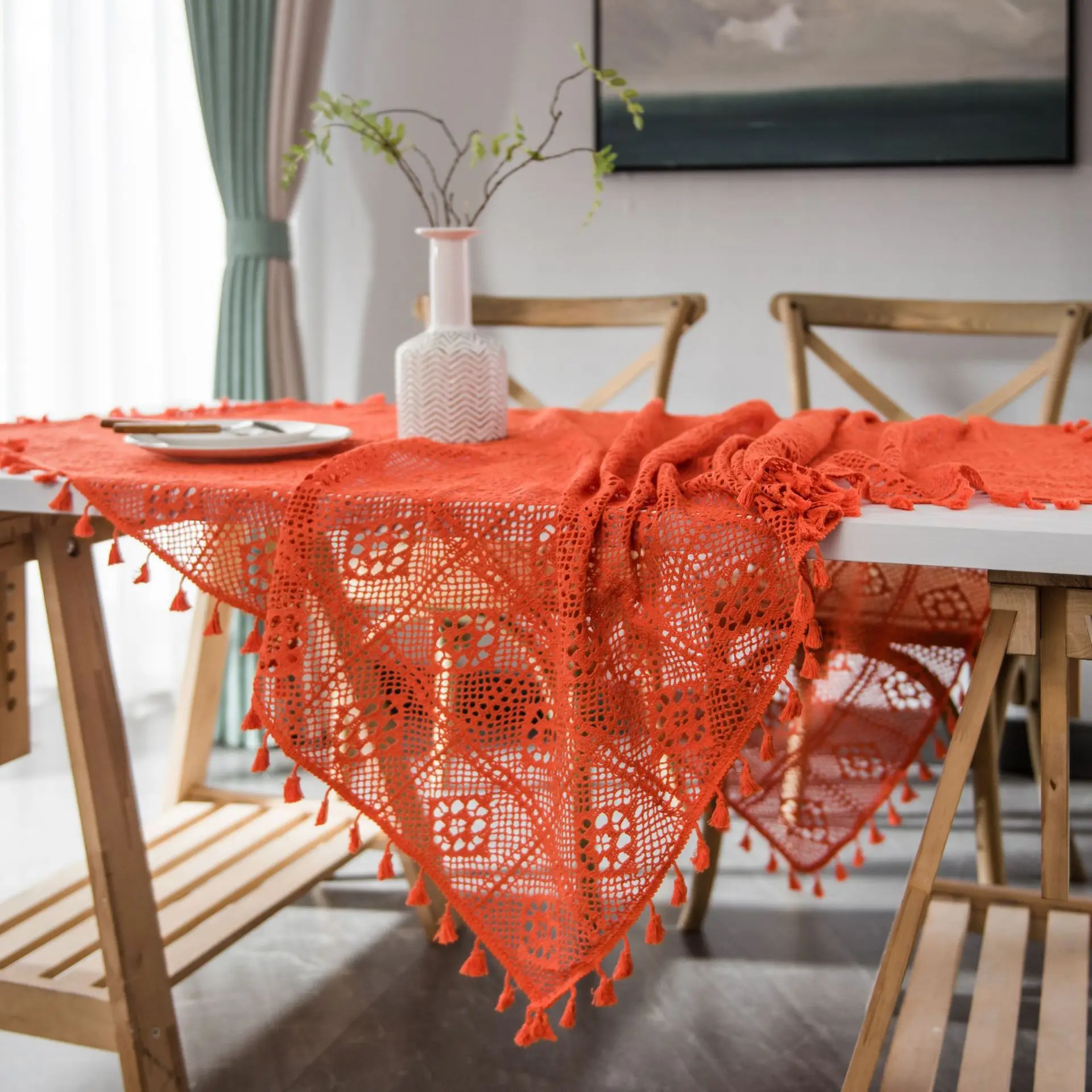 Vintage Retro Orange Handmade Crochet Hollow Tablecloth Round Table Cloth Cotton Tassel Decorative Coffee Table Cover