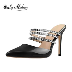 Onlymaker Women Pointed Toe Rivets Straps Mule Slippers 10CM Thin High Heel Slip On Sandals For Summer Plus size
