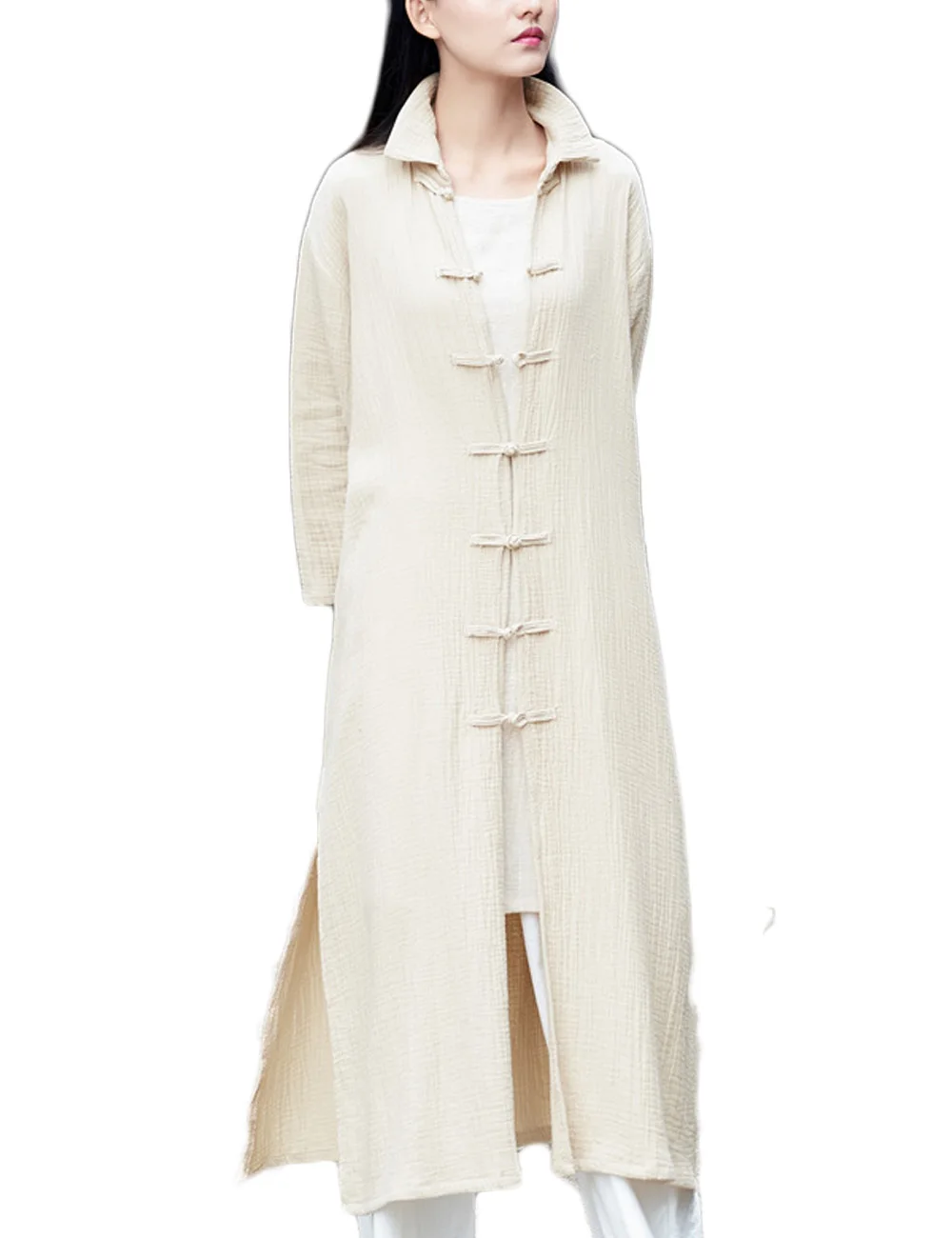 LZJN-Women's Long Open Front Cardigan Jacket, Cotton Linen Frog Button Down Chinese Outwear, Autumn 2024