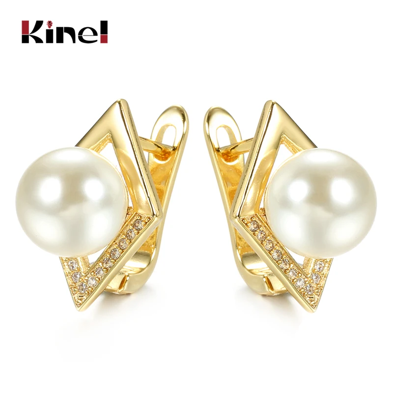 Kinel Luxury 10mm Pearl Earrings For Women Rhombus Gold Stud Earrings With Pearl Zirconia Female Fashion Jewelry Girls Gifts