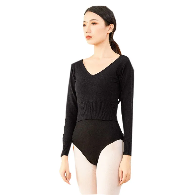 Women Knit Top Classic Long Sleeve Ballet Dance Cardigan Warm Sweater Sexy V Neck Pull Over Dancewear  Adult Black Plus Size