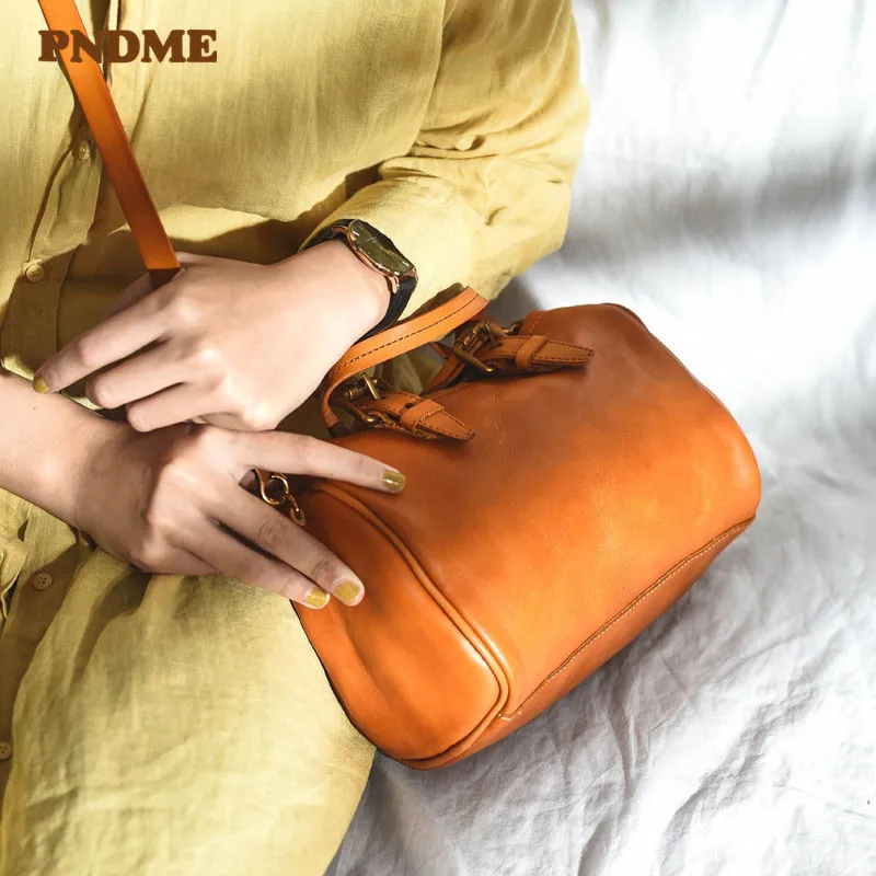 PNDME literary vintage genuine leather ladies small handbag fashion casual cowhide women's weekend party shoulder messenger bags