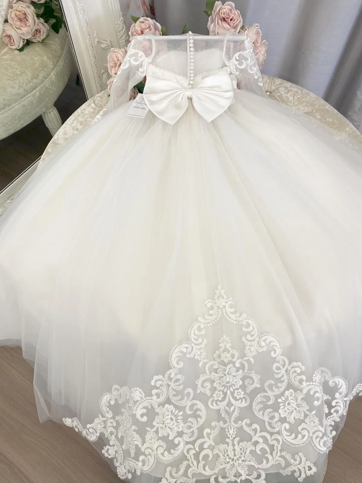 Xunbei Robe Flower Girl Dress Lace Tulle Bows Children's First Communion Wedding  Dress Lovely Princess Ball Gown Party Dress