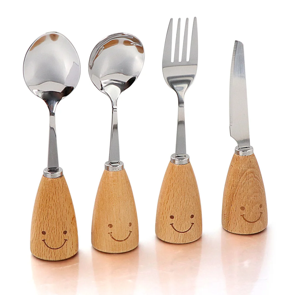 4-Piece Cute Smiling Face Tableware Set Beech Wood Handle Stainless Steel Knife Fork Spoons Kits Cutlery Gifts Set For Children