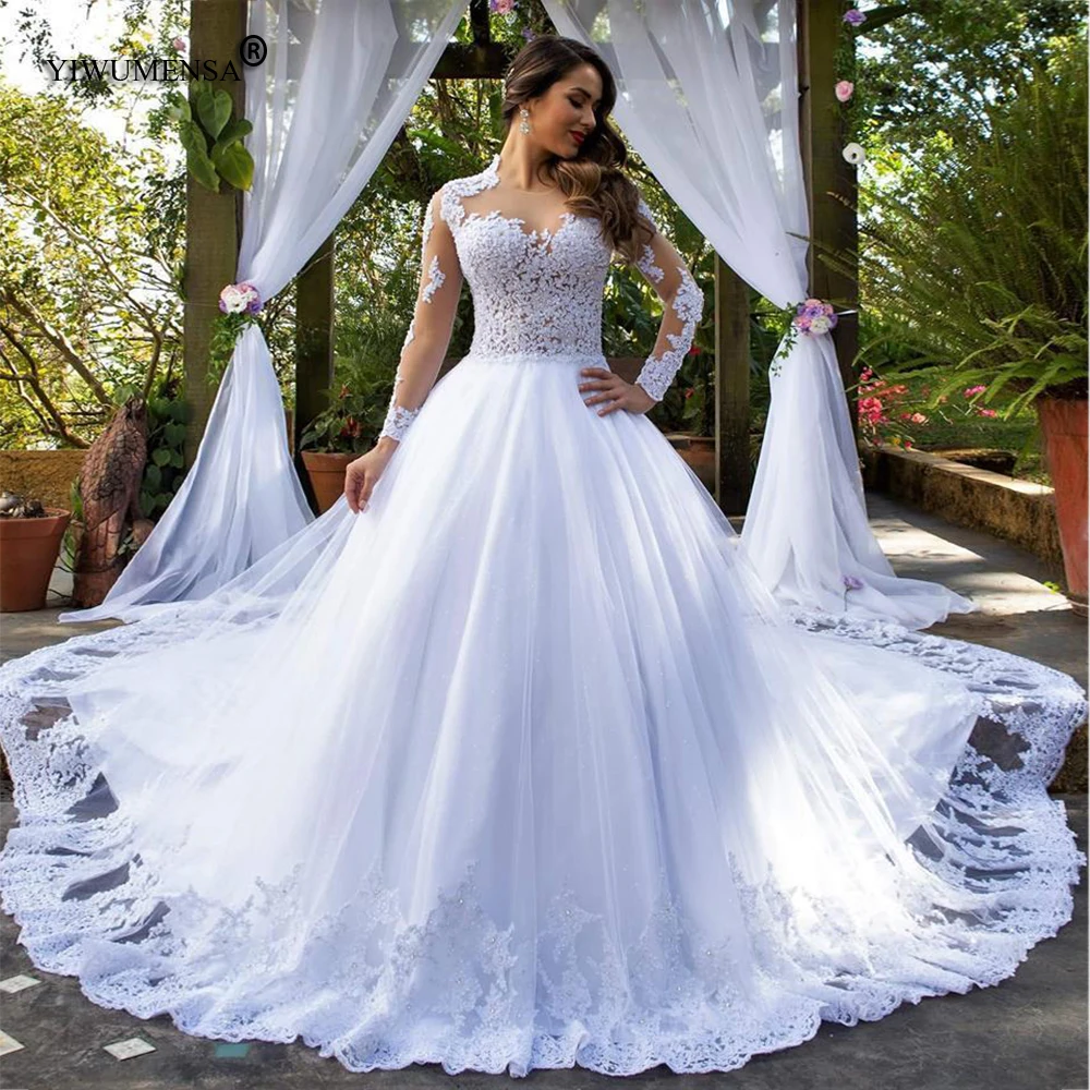 Vintage Telanjang Tulle Lengan Panjang Renda Line Pernikahan Gaun Boho O Leher Appliques Kristal Beaded Bridal Gaun Vestidos De novia