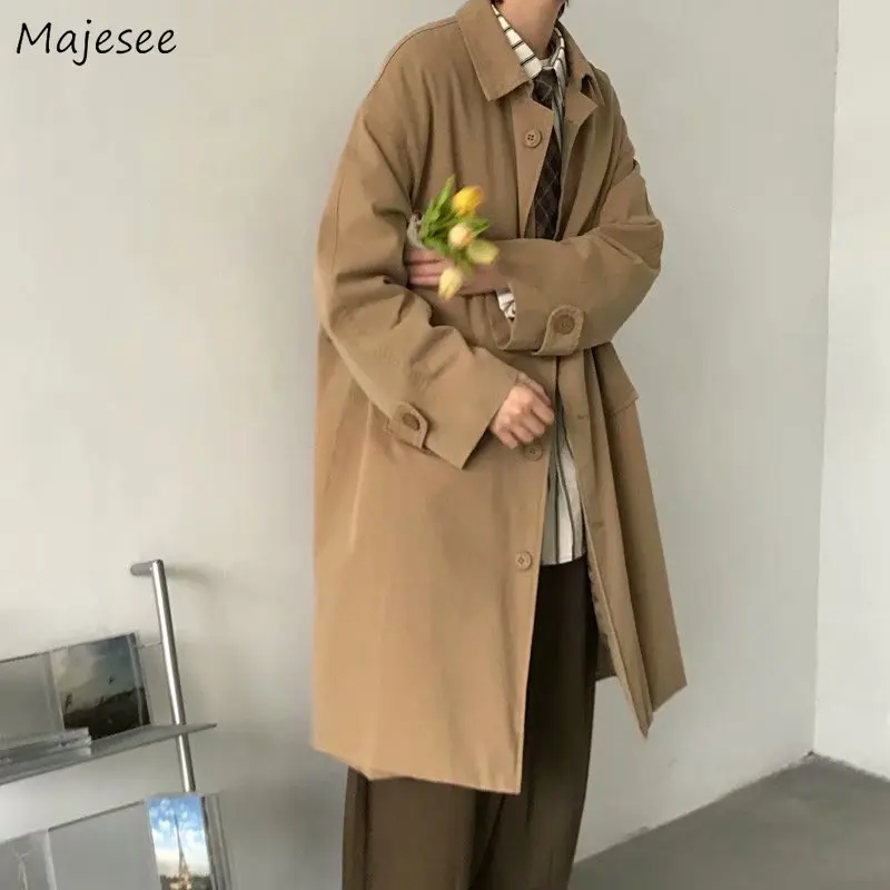 Men Trench England Style Single Breasted Windbreaker Vintage Classic Khaki Long Coats Casual Handsome Streetwear Over Knees Chic