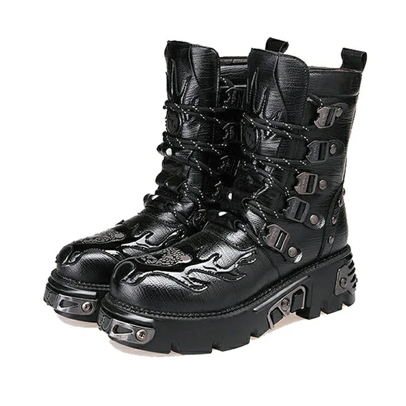 New Retro Gothic Punk Men\'s Genuine Leather Motorcycle Boots Platform Rubber Boots Warm Mid-Calf Tactical Combat Boots Fashion47