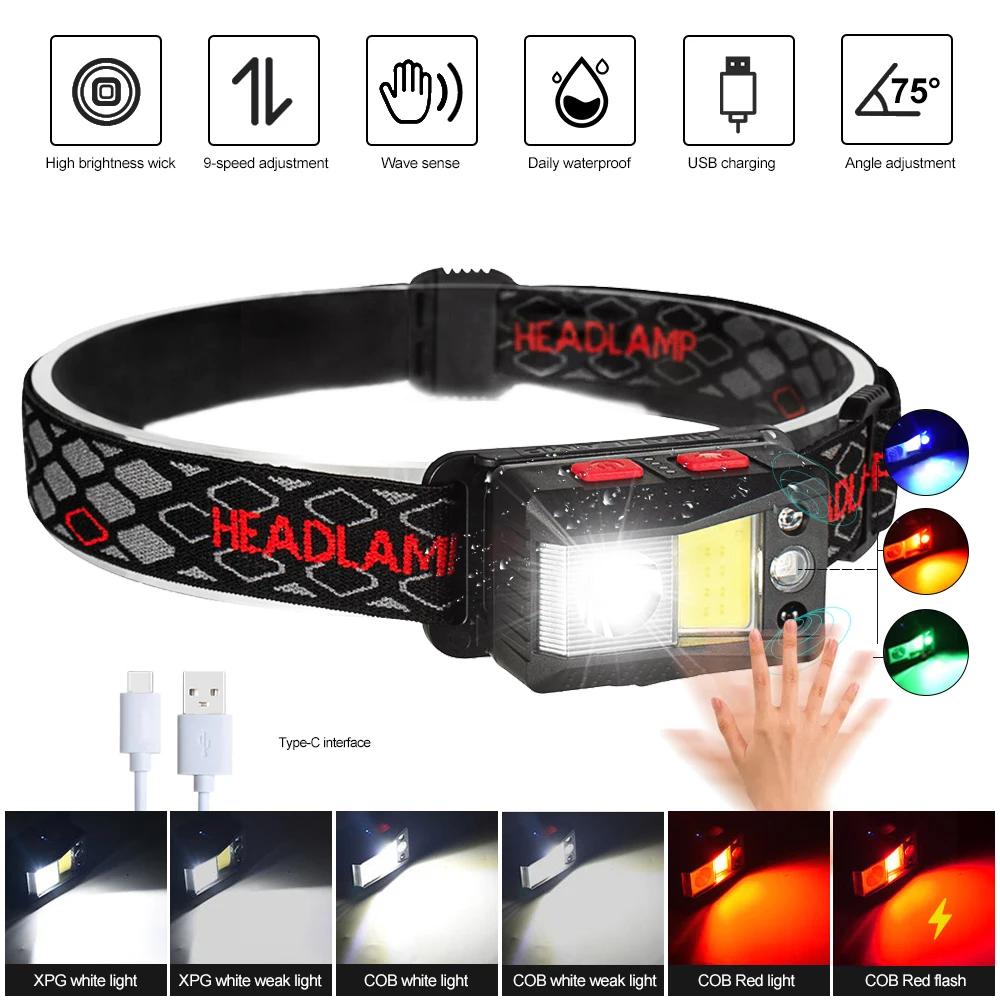 

Super Bright 9 Modes XPG+COB RGB LED Sensor Motion Headlamp USB Charging Waterproof Headlight with Magnet Hook Camping Lamp