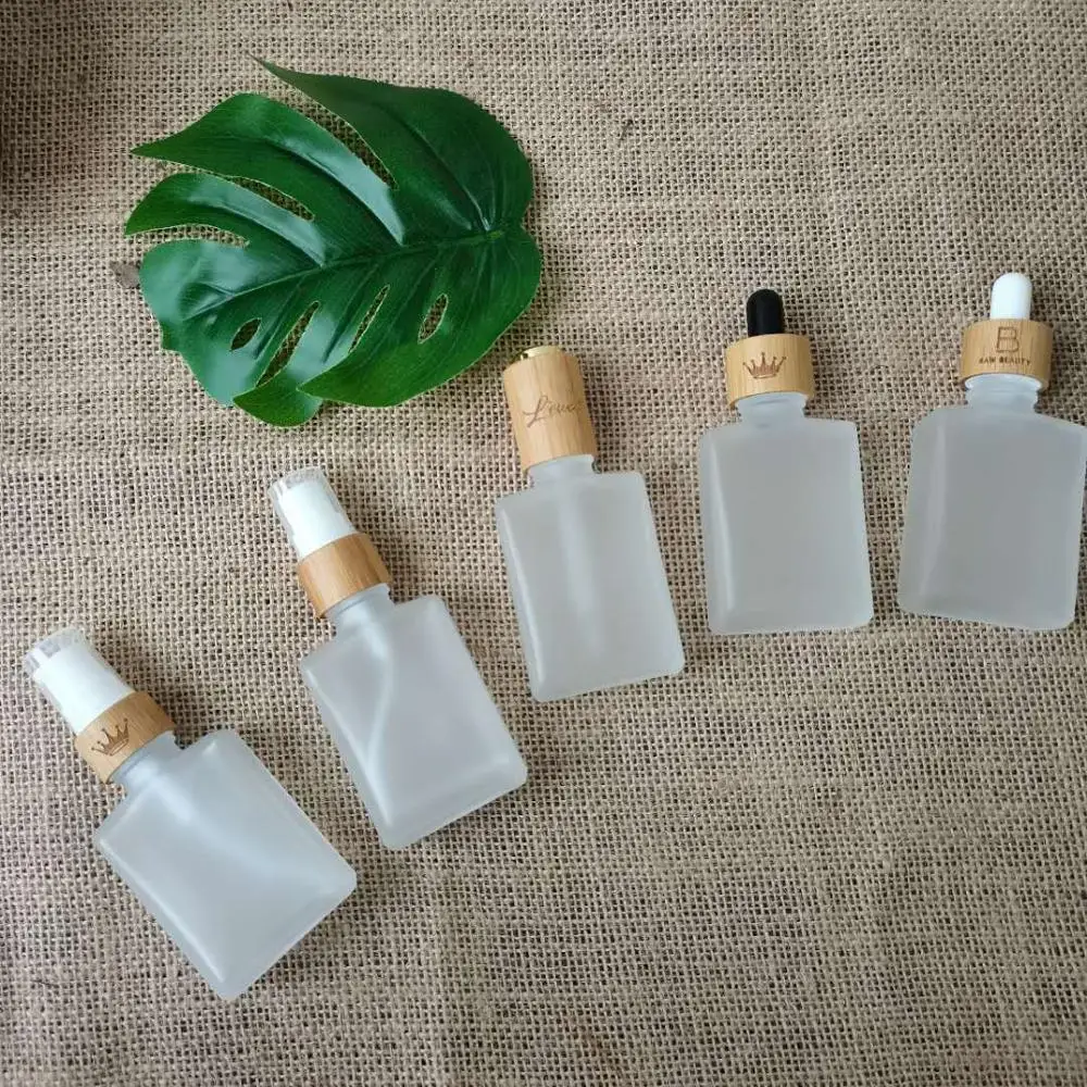 

200pcs/lot 30ml Empty Frost Black Square Glass Bottles With bamboo cap 1oz Glass Dropper Containers E-liquid rectangle bottles