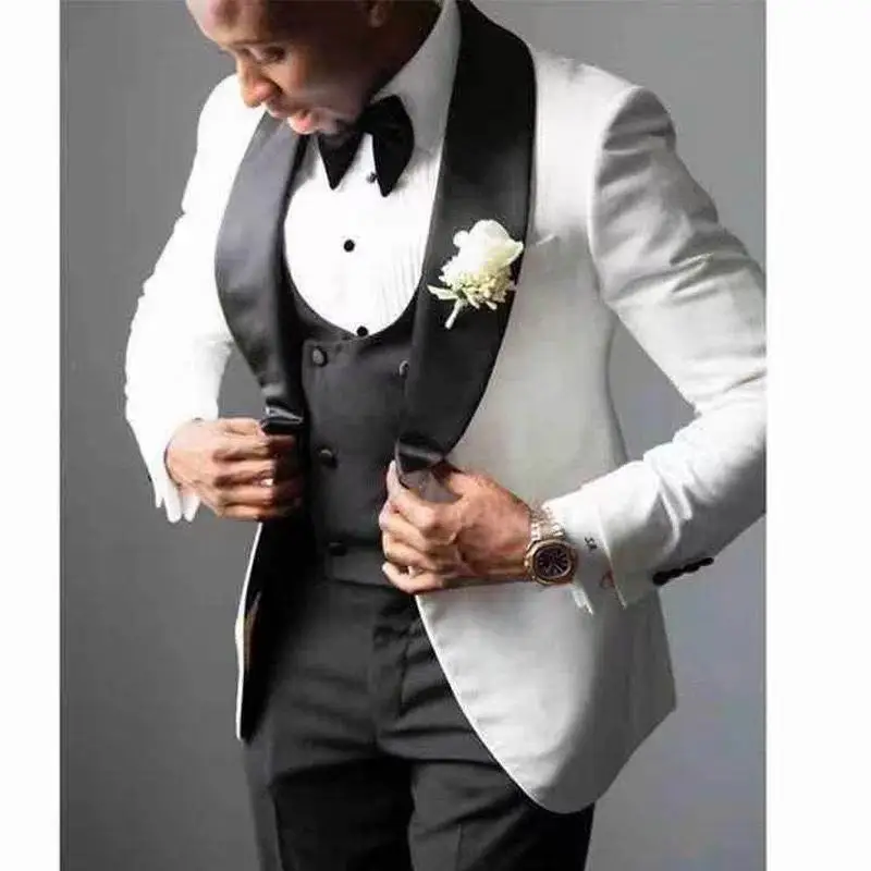 2021 Tailor Made Luxury Noble High Quality New White With Black Pants Vest Suits Men For Wedding Man Suit Slim Fit Party Blazer