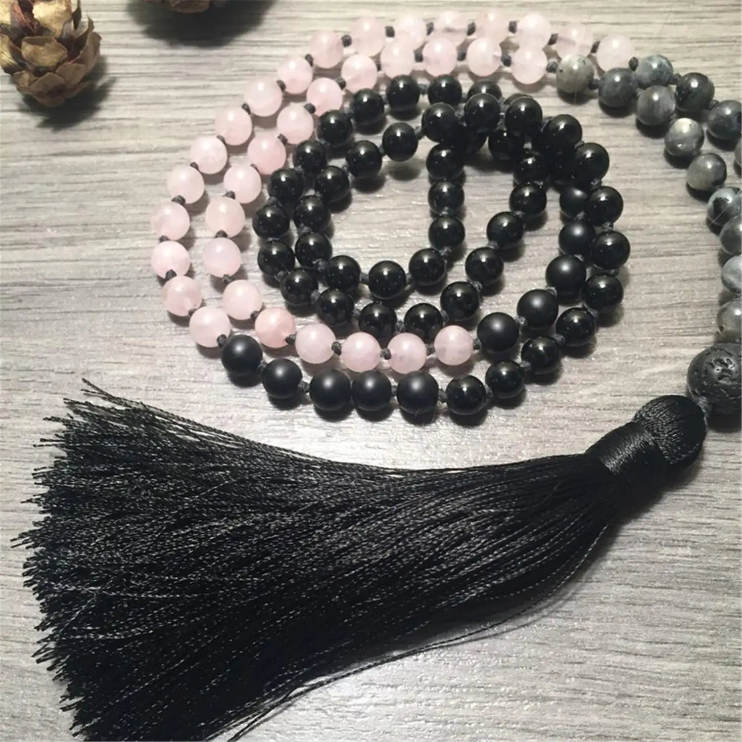 

8mm Rose Quartz Labradorite 108 Beads Tassel Mala Necklace Spiritua Spirituality Yoga Japa Chakra Religious Retro