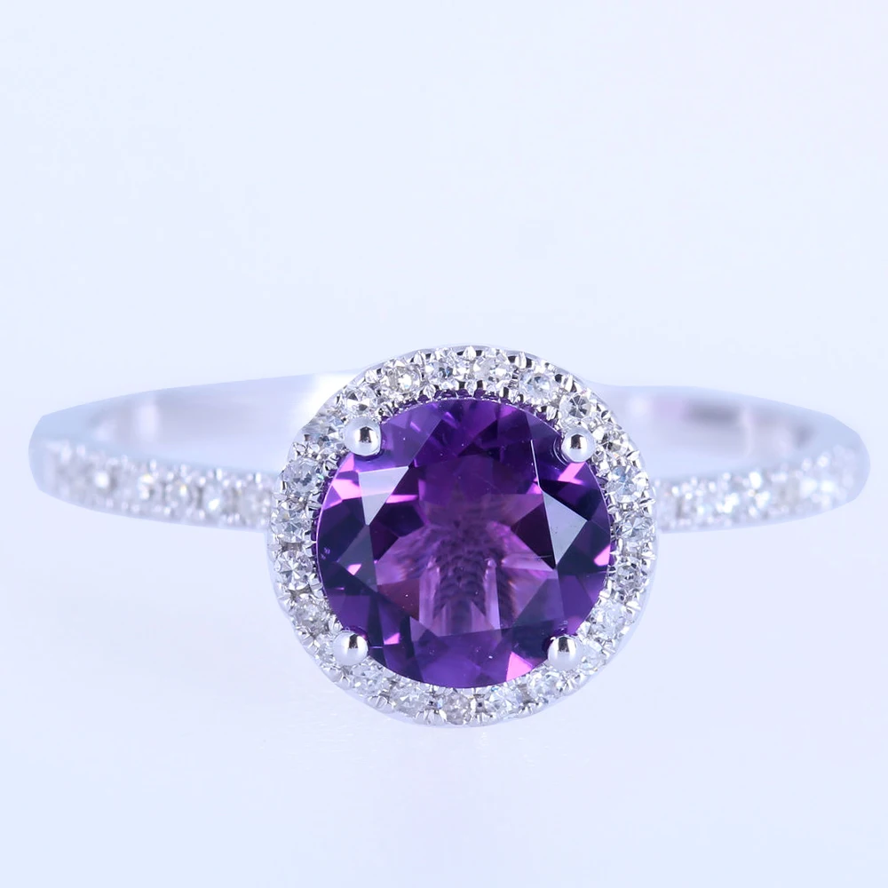 

Solid 14K White Gold 6.5mm Round 100% Genuine Amethyst Engagement Wedding Ring Pave Natural Diamonds Fine Jewelry Ring Women