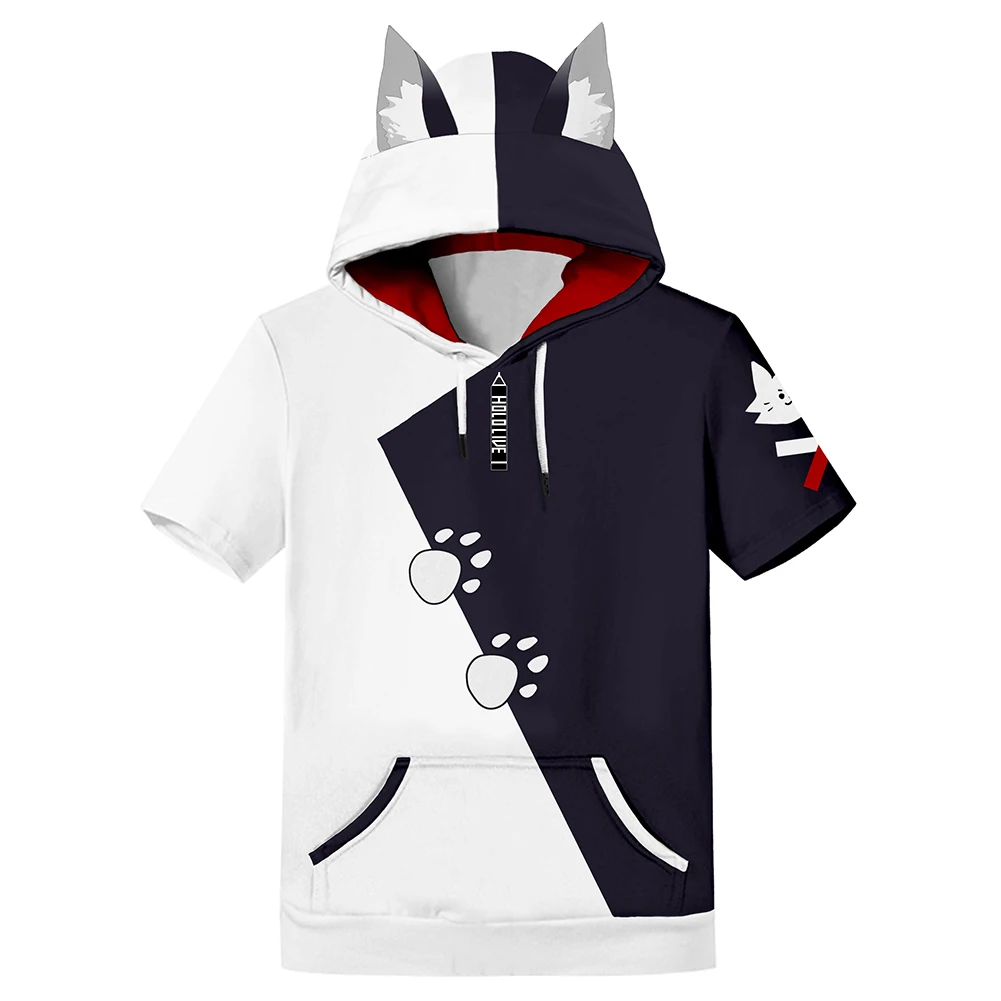 VTuber Ookami Mio Cosplay T-shirt 3D Printed Hooded Tee Adult Summer Short Sleeve Hoodie Pullover