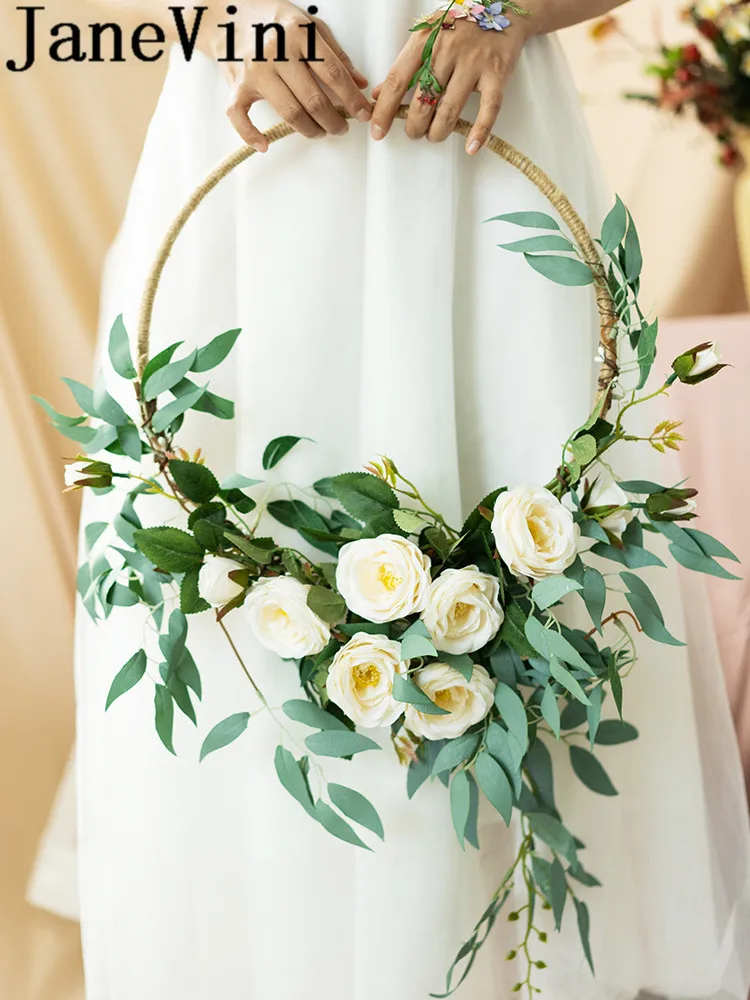 

JaneVini 2020 Round Wedding Silk Flowers Bridal Bouquets Western Artificial Wedding Flower Wreath Basket Leaf Bride Hand Bouquet