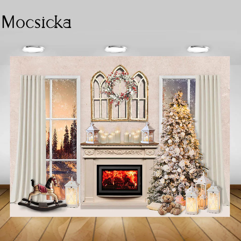 

Mocsicka Winter Family Portrait Photography Backdrops Christmas Tree Fireplace Window White Curtains Photo Background Xmas Decor