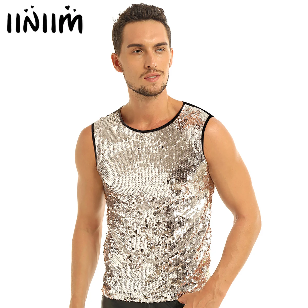 Mens Summer Vest Top Sleeveless Crew Neck Sequin Slim Fitted Vest Tank Top Tee T-shirts Clubwear Dance Performance Tops Costumes