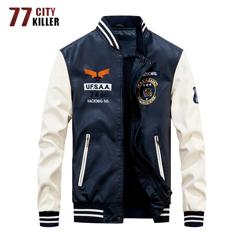 

77City Killer Dropshipping Leather Jacket Men Baseball Motorcycle Patchwork PU Jackets Male Fleece Windproof Faux Leather Jacket