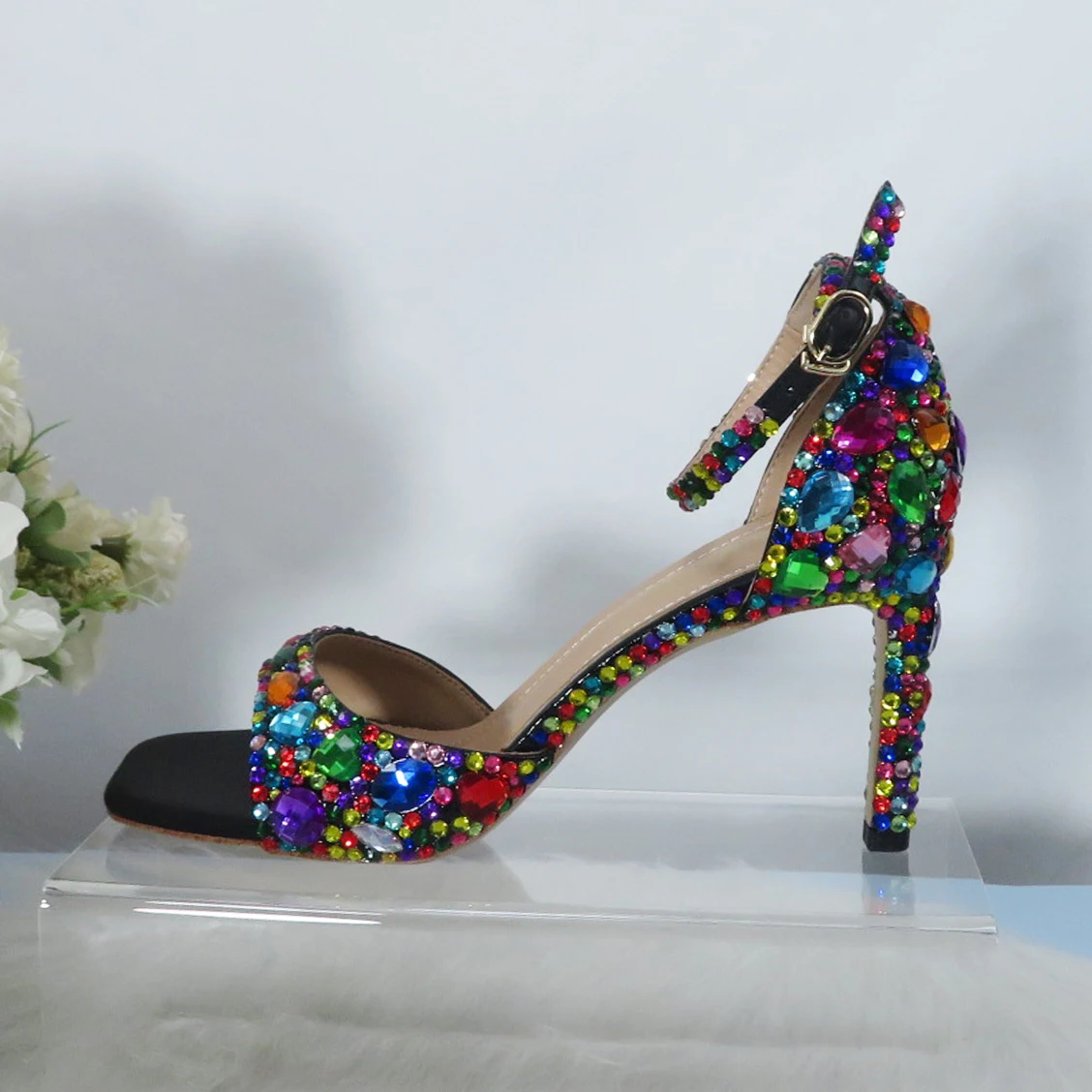 BaoYaFang Multicolored Crystal Women wedding shoes with matching bags bridal High heels Summer shoes green blue Shoe and Bag Set