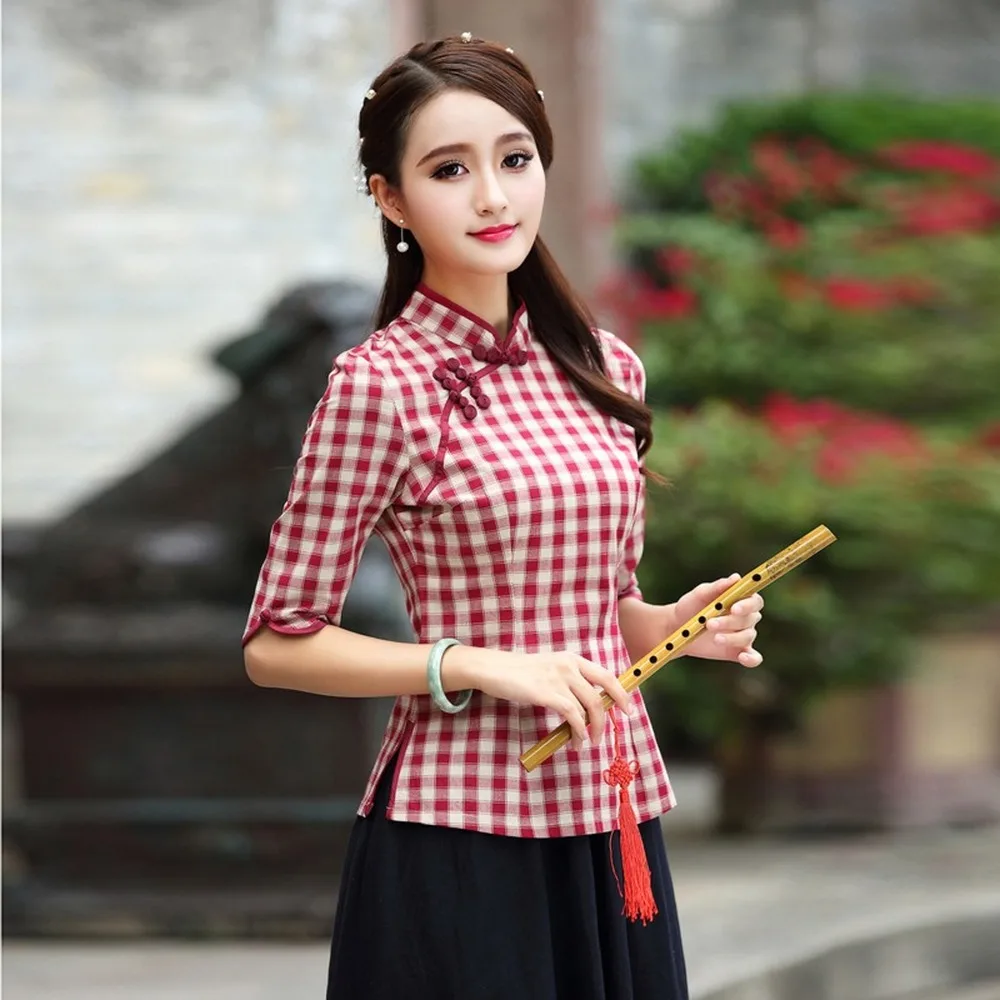 Oriental Plaid Women Plus Size Tangzhuang Lattice Chinesische Kleidung Traditional Chinese Shirts Chinois Cotton Cheongsam Tops