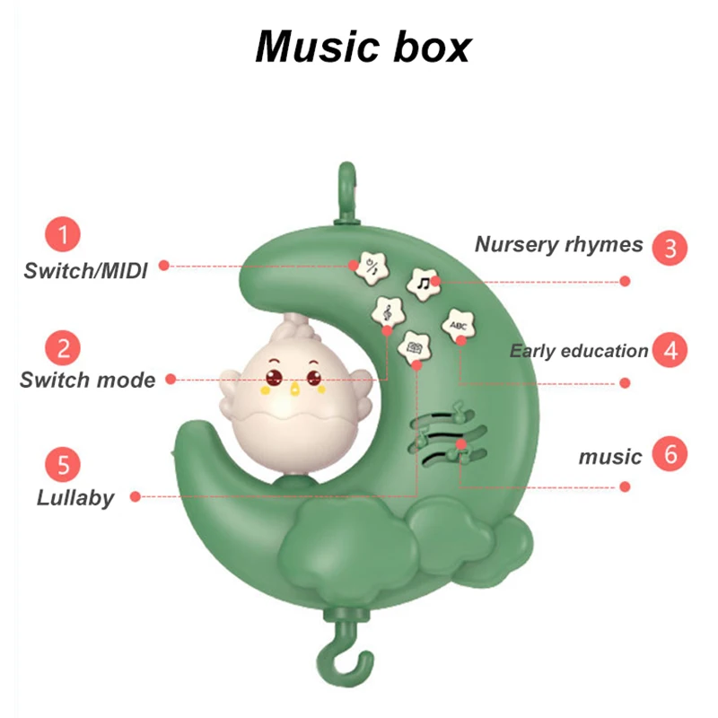 常夜灯と回転付きの教育用ガラガラ付きのリモートおもちゃ,0〜12mの赤ちゃん用クレードル,オルゴール,月の形,0〜12か月