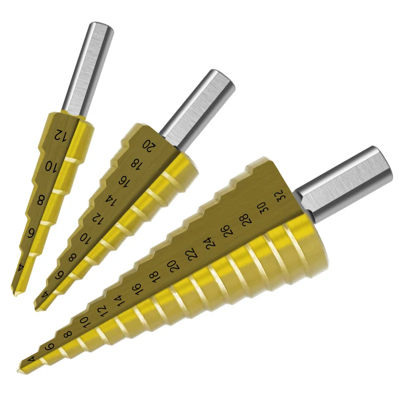 HSS step drill titanium rivestimento 4-12mm 4-22mm 4-32mm foro conico cutter 1/4 ''hex maniglia triangolo maniglia bit per legno metallo