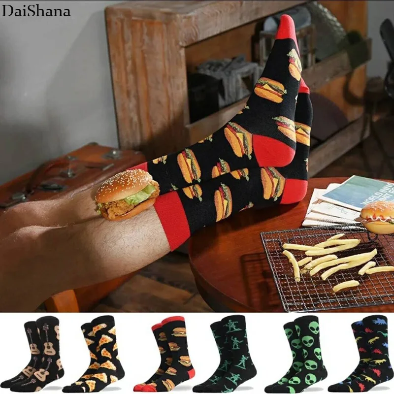 25 Style Fashion Men\'s Socks Combed Cotton Socks Hamburger Pizze Donut Pattern Funny Cute Cartoon Food Skateboard Socks 38-45