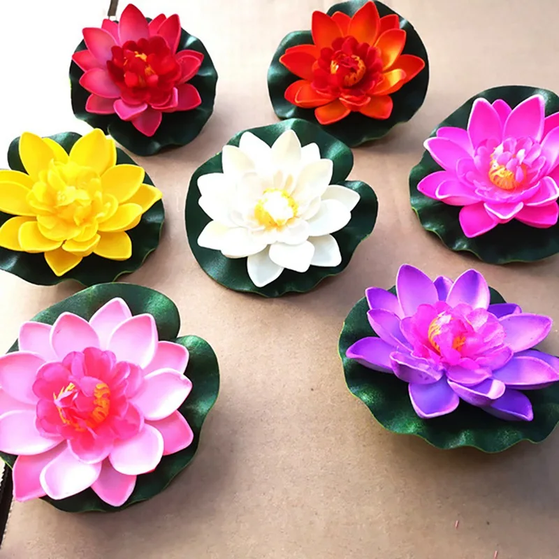 10CM Artificial fake Lotus flowers leaf Pond flower Water Lily Floating Pool fish tank flores Plants Wedding Decoration Hot