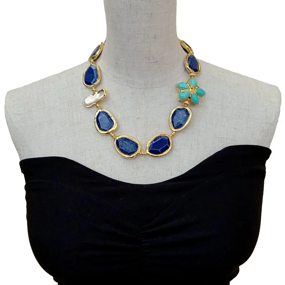 KKGEM White Biwa Pearl With Electroplated Edge Faceted Blue Lapis Lazuli Chunk Turquoise Flower  choker Necklace