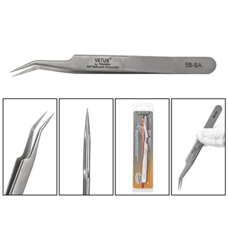 VETUS 5B-SA Tweezers For Eyelash Extension Professional Stainless Steel False Eyelash Tweezers Non-magnetic 3D accurate tweezers