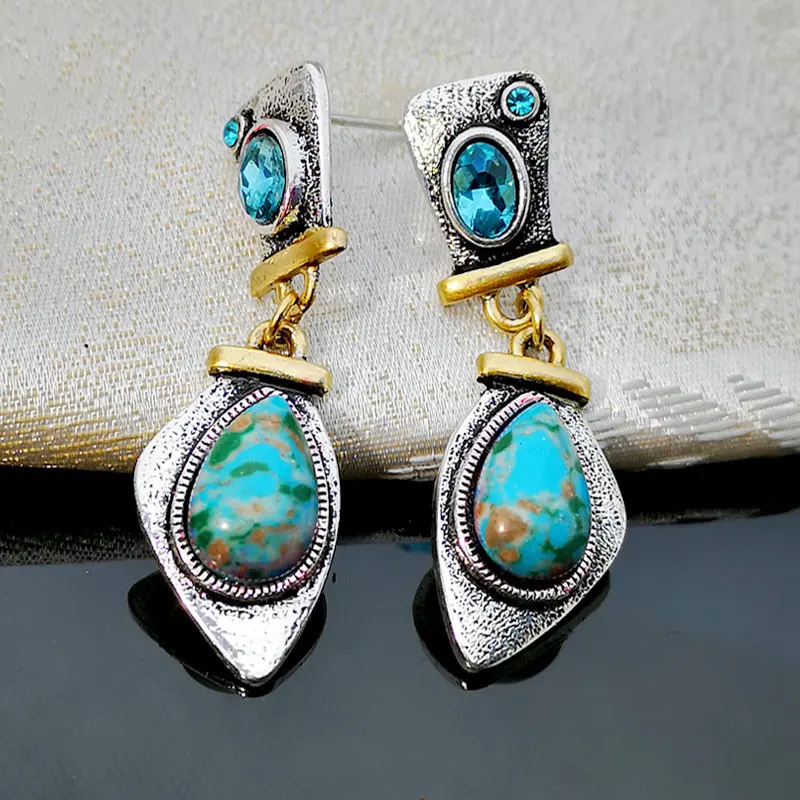 Vintage Tibetan Silver Turquoises Drop Earings Blue Stone Blue Dangle Earrings for Women Boho Brincos Statement Jewelry