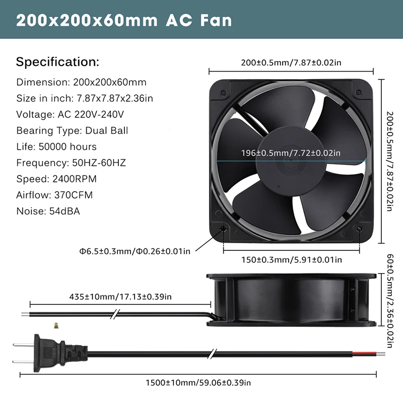 Gdstime-ventilador Axial de 220mm, 200x200x60mm, ventilador de refrigeración Industrial de bola de 20cm, gran volumen de aire de 200mm x 60mm,