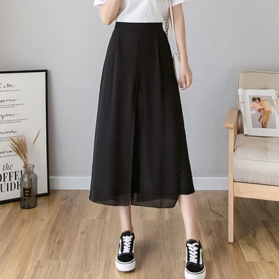 Chiffon Palazzo Pants Women Summer Casual Loose Pants Korean Ladies High Waist Blue Black White Pants