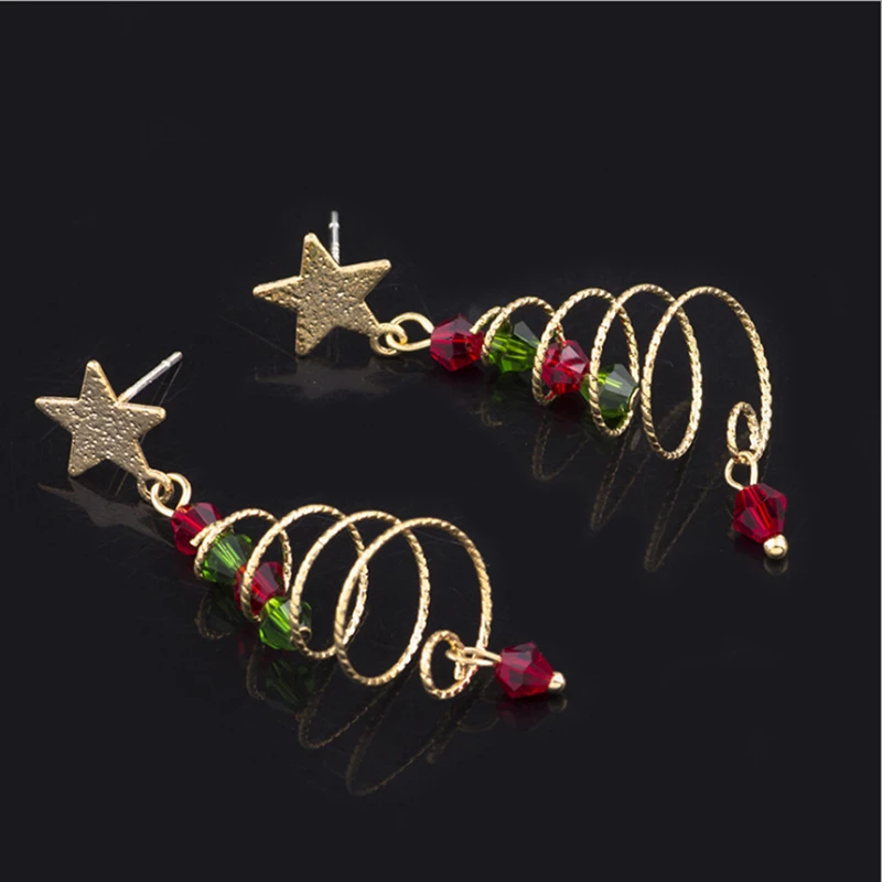 ER007 Koreaanse Kerstcadeau Kerstboom Spiraal Meisje Oorbel Vijfpuntige Ster Crystal Fashion Vrouwen Stud Clip Op Oorbel