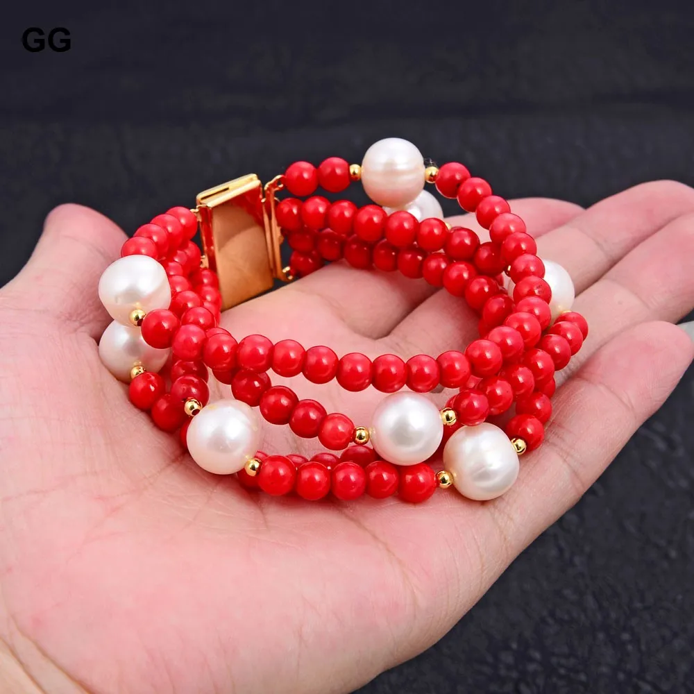 GuaiGuai Jewelry 8\'\' 4 Rows 10mm White Round Pearl 6mm Round Red Coral Bracelet For Women Fashion Jewelry