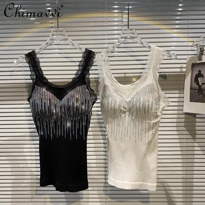 Fashion Waterfall Particle Rhinestone Camisole Lace Shoulder Strap Nightclub Slim Vest with Chest Pad Sexy Sling Tank Summer