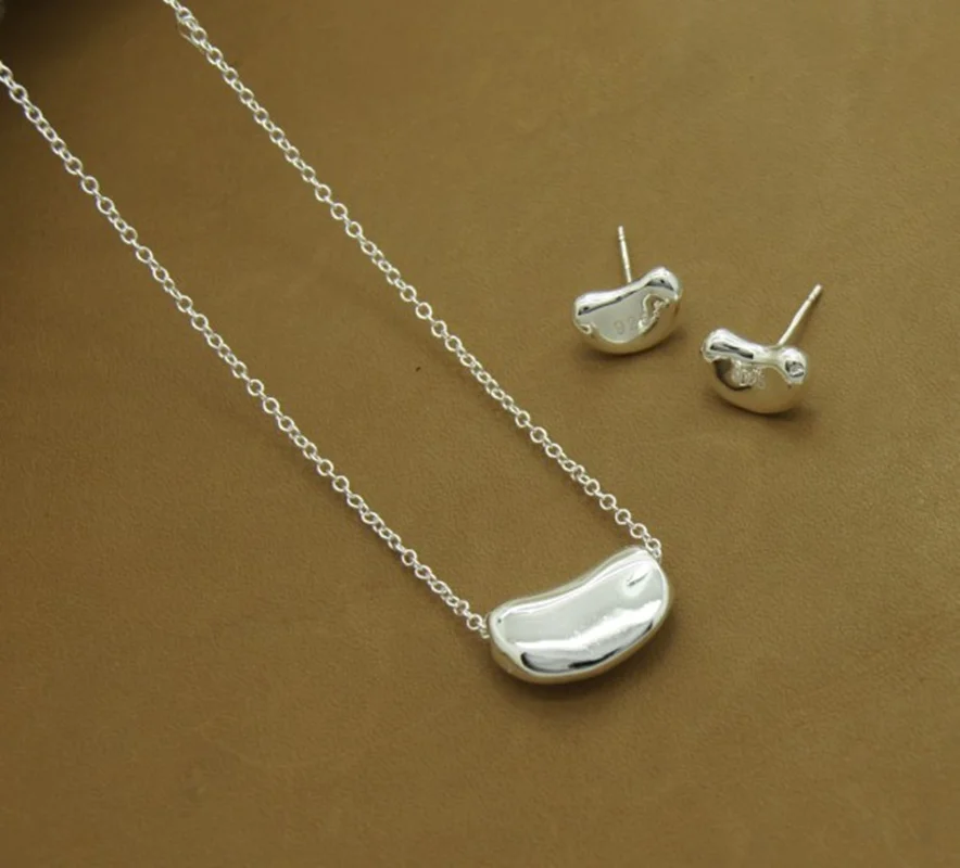 925 Sterling Silver Pea Necklace Earrings Set Women's Jewelry Christmas Gift