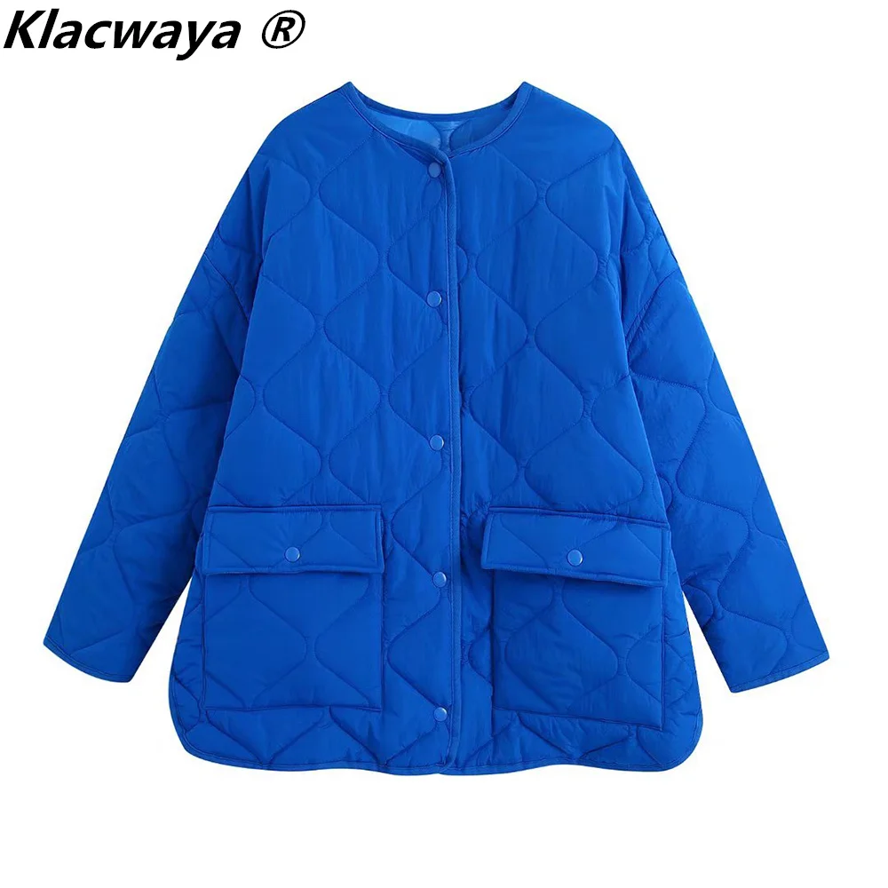 

Klacwaya Quilted Coats Women Winter Jacket Warm Oversize Jacket Royal Blue Solid Single Breasted Pockets Casual Women Jacket