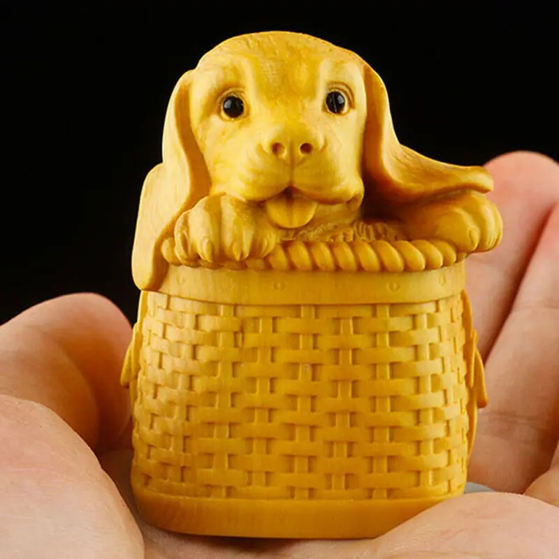 JM036 -- 6 x 4.5 x 4 CM Carved Boxwood Figurine Carving : Lovely Dog on Basket