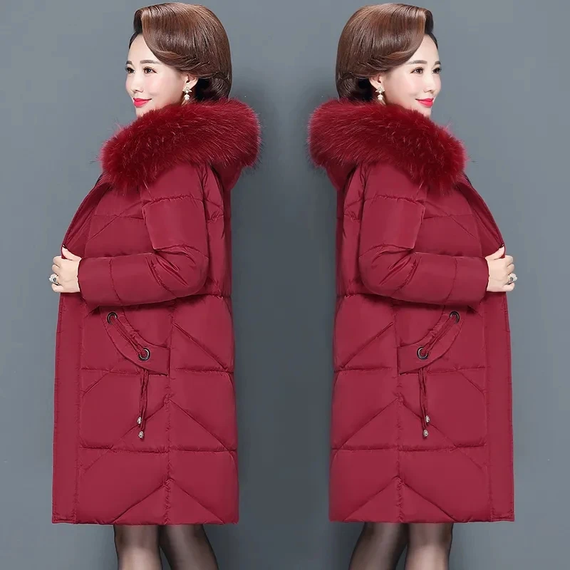 New 2024 Overcoat Parka Middle-Aged Elderly Mothers Cotton Jacket Mid-Length Hooded Big Fur Collar Down Cotton Ladies Jacket