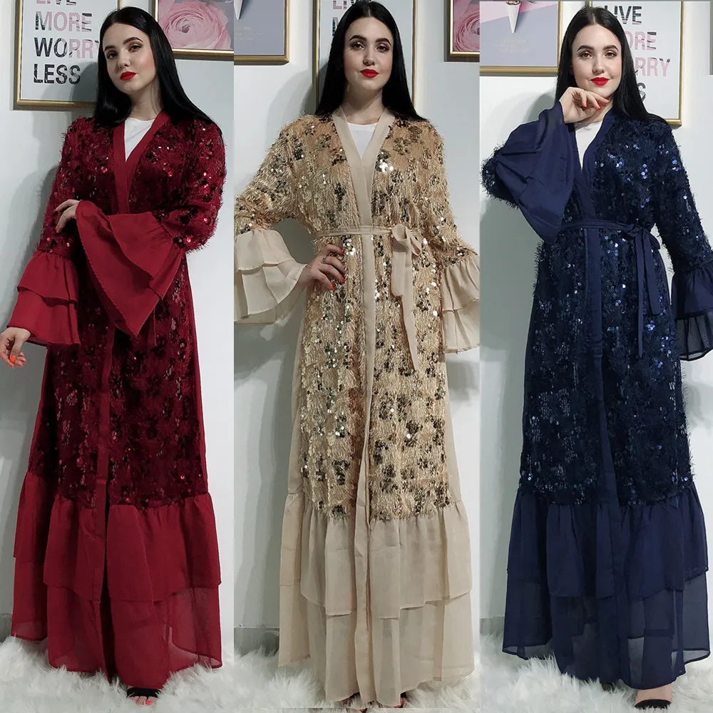 2021 Hot Selling Muslim Sequin Cardigan Elegant Atmosphere Robes Fashion Bell Sleeve Sequin Dress LR288