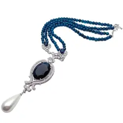 Y·YING 2 Rows Blue Agate Necklace Blue Crystal White Sea Shell Pearl Pendant 19
